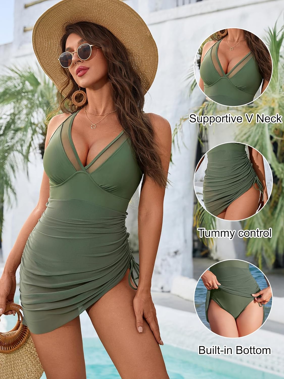 Blooming Jelly Women One Piece Swim Dress Tummy Control Swimsuits Slimming Mesh Sheer Sarong Wraps Bathing Suit