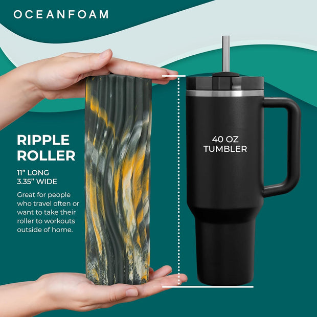 Oceanfoam Ripple Travel Foam Roller (11" x 3.35") Firm Mini Foam Roller for Physical Therapy, Deep Tissue Massage, Back Pain - High Density, Ergonomic Wave Textured - Yoga, Exercise (Black Marbled)