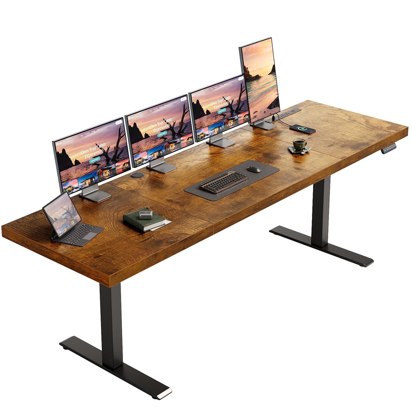 Electric Standing Desk with 3-Piece Board, 71 Inch Height Adjustable Large Desk with Power Outlets, Sit Stand Table, Writing Computer Desk for Home, Office, Workstation, Rustic Brown