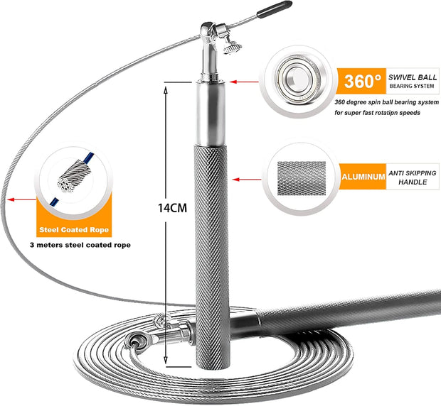 Speed Jump Rope - 360° Swivel Ball Bearing - Adjustable steel coated rope-Aluminum Anti Skipping Handle -Fitness Training Boxing Sports Exercises -Suitable for Kids and Adults
