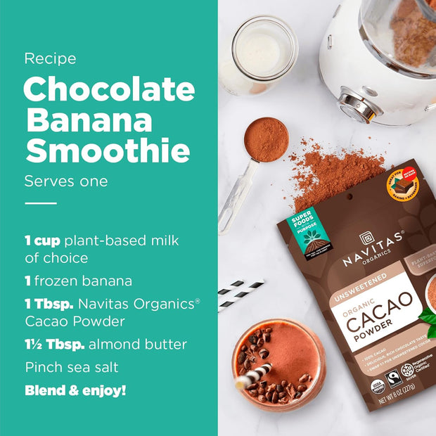Navitas Organics Cacao Powder - Cocoa Powder Substitute 1:1, For Hot Chocolate, Baking & More - Regenerative Organic Certified, Non GMO, Fairtrade, Gluten Free, Non-alkalized (8oz. Bag, 38 Servings)