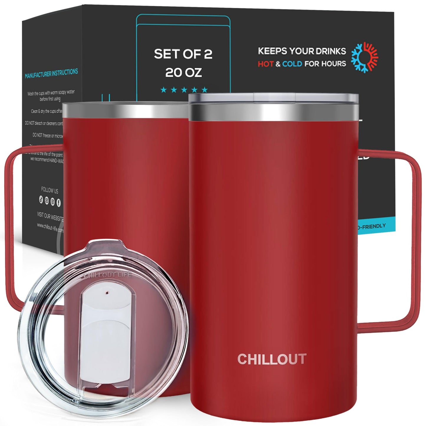 CHILLOUT LIFE Stainless Steel Vacuum Insulated Coffee Mug 16 oz (Set of 2) with Handle and Lid, Large Thermal Camping Coffee Mugs with Sliding Lid for Men & Women, Keeps Your Beverages Hot & Cold