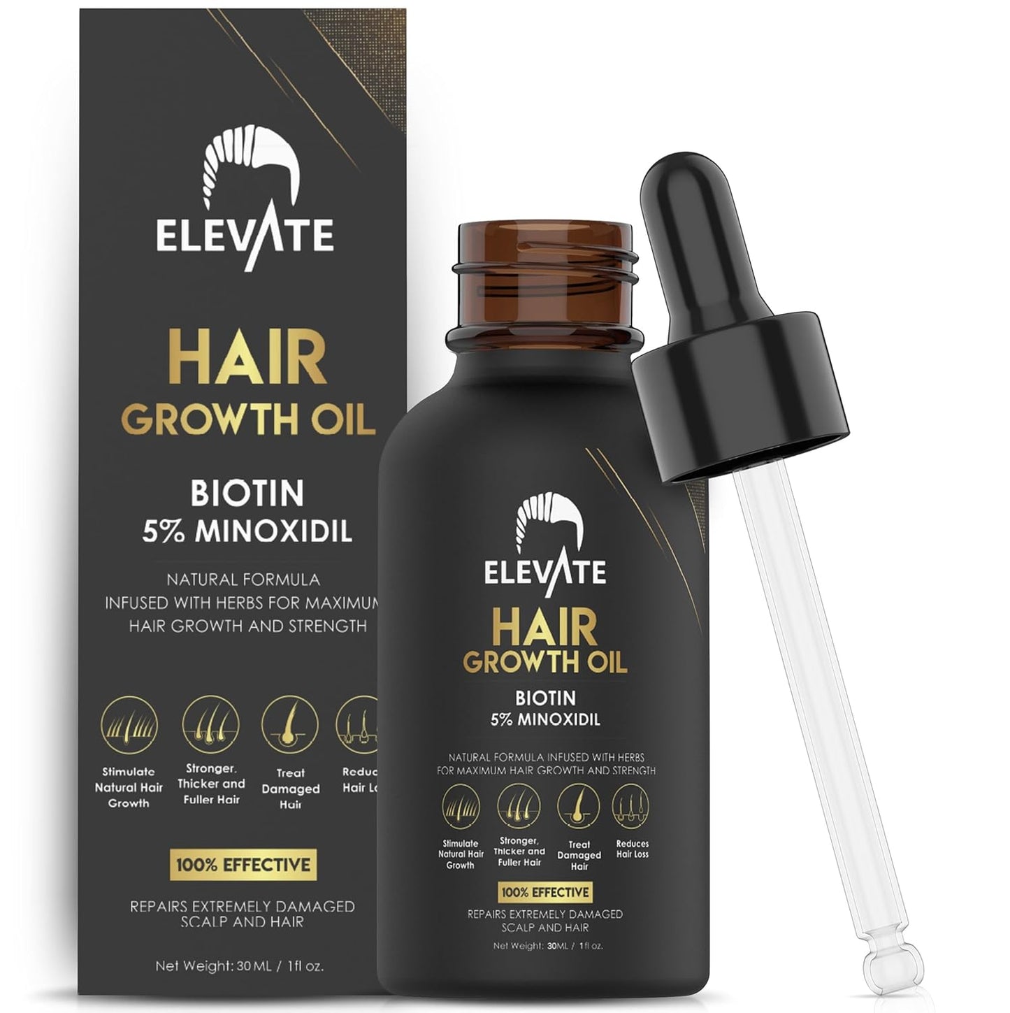 ELEVATE Hair Growth Oil - Biotin Serum & 5% Minoxidil Treatment for Stronger Thicker Longer Hair – Natural Hair Growth Thickening Treatment - Stop Thinning & Hair Loss for Men & Women 1oz
