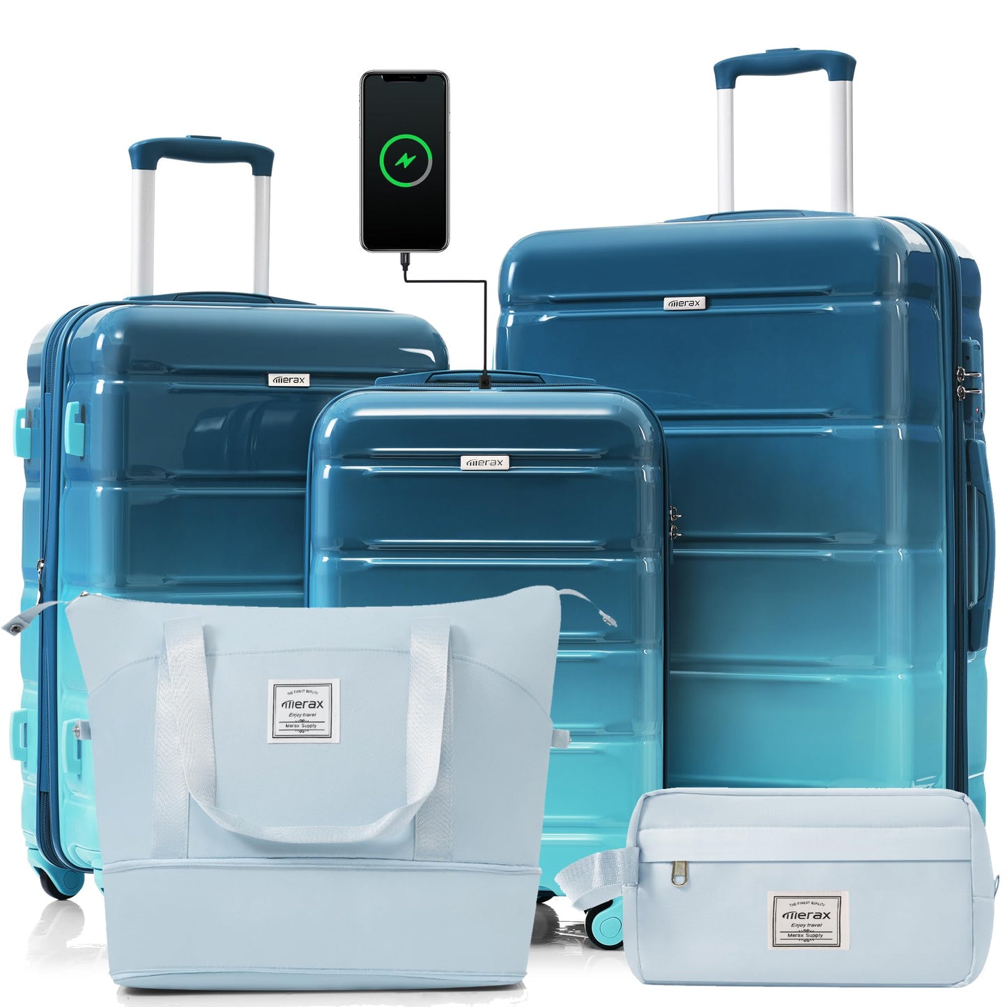 Merax 3 Luggage Sets, ABS Hardshell Suitcase Spinner Wheels with USB Port TSA Lock, Blue and Navy, 20/24/28 Inch