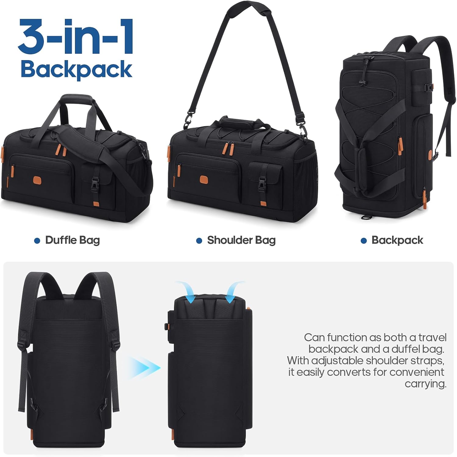 Gym Bag for Men and Women with Shoe & Laptop Compartment, 3-in-1 Sports Travel Duffel Bag Anti-Theft Weekender Carry-On Backpack for Airplane & Workout, Overnight Travel Bag,35L (Black, Medium)
