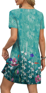 OFEEFAN Summer Dresses for Women 2025 Loose V Neck Short Sleeve Casual T Shirt Dress Sundresses Swimsuit Coverup with Pockets