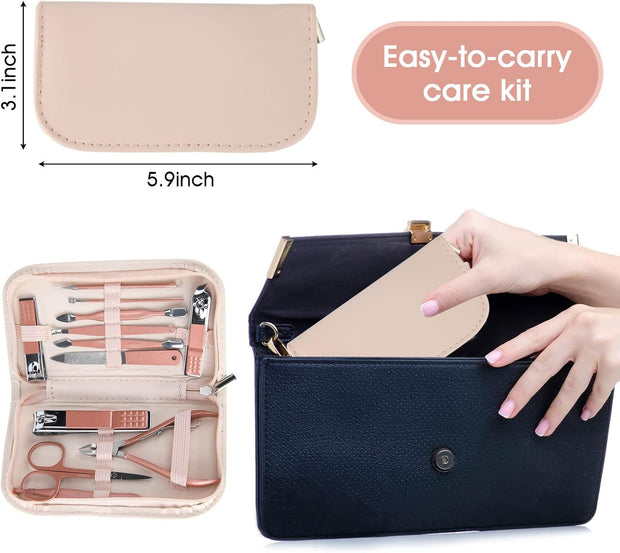 Nail Clippers and Beauty Tool Portable Set, Rose Gold Martensitic Stainless Steel Manicure Set 12 in 1, with Pink Leather Bag, Suitable for Home, Workplace, Outdoor Travel, Gift Giving, Salon.