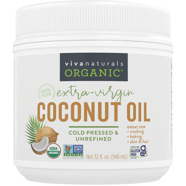 Viva Naturals Organic Coconut Oil - Unrefined, Cold-Pressed Extra Virgin Coconut Oil, USDA Organic and Non-GMO Cooking Oil, Great as Hair Oil and Skin Oil, 54 fl oz