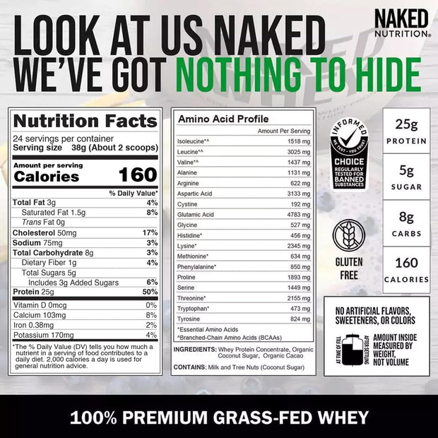 NAKED Whey Chocolate Protein Powder - Only 3 Ingredients - Grass Fed Whey Protein Powder, Organic Chocolate and Organic Coconut Sugar, No GMO, No Soy, and Gluten Free - 24 Servings