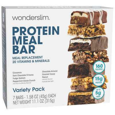 WonderSlim Meal Replacement Protein Bar, Variety Pack, 15g Protein, 20 Vitamins & Minerals (7ct)