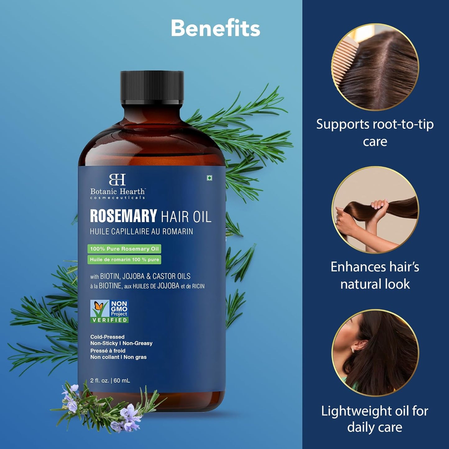 Botanic Hearth 100% Pure Rosemary Oil For Hair (2 Fl Oz) Infused With Biotin, Jojoba & Castor Oil | Hair Strengthening Treatment | Nourishing & Volumizing | Non Gmo Verified