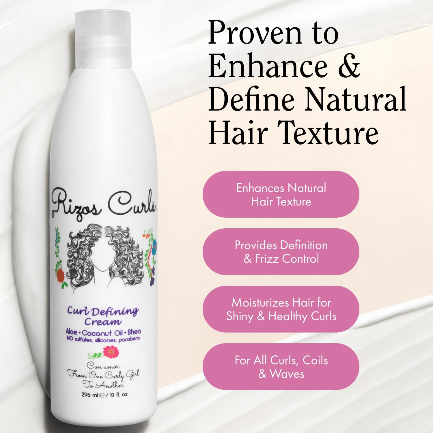 Rizos Curls Curl Defining Cream for Wavy, Curly, Coily, Kinky Hair Frizz Control, Defines, Softens, Moisturizes, Adds Shine for Hair Types Sulfate & Paraben Free