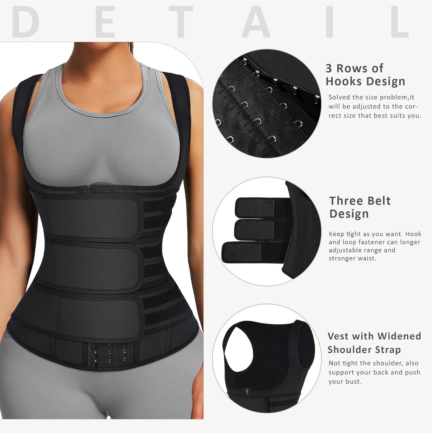 FeelinGirl Waist Trainer for Women Latex Waist Trainers Vest Plus Size Waist Cincher Corset 3 Belts Hooks Steel Bones