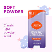 Lume Whole Body Deodorant - Smooth Solid Stick & Flushable Deodorant Wipes - Doctor Developed - Aluminum Free, Baking Soda Free, Skin Loving - 2.6 Ounce (Soft Powder) 15 Count Wipes (Cool Cucumber)