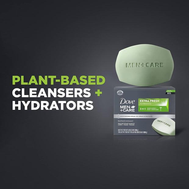 Dove Men+Care 3 in 1 Bar Cleanser for Body, Face, and Shaving to Clean and Hydrate Skin Extra Fresh Body and Facial Cleanser More Moisturizing Than Bar Soap 3.75 oz 8 Bars