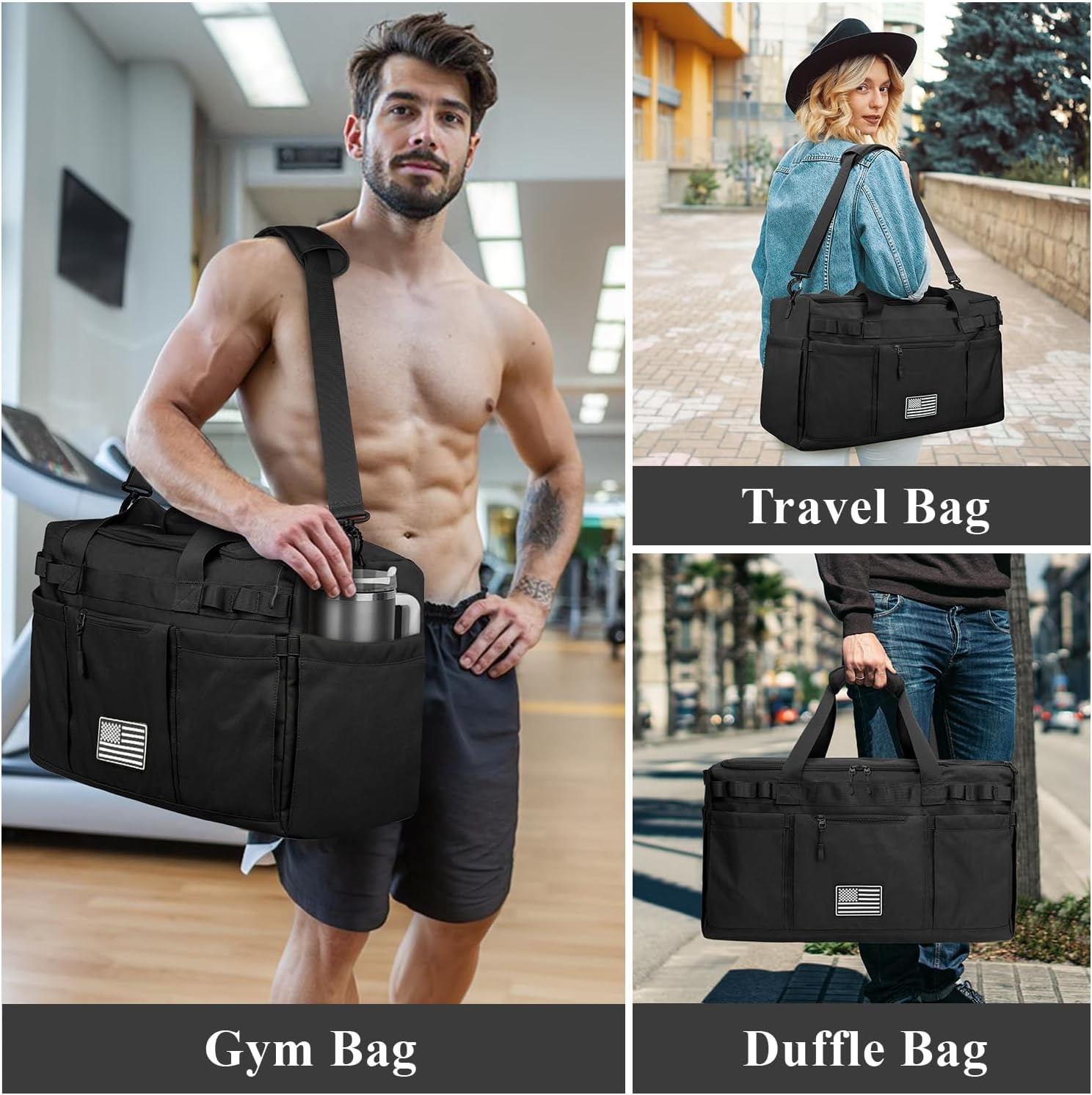ZOMFELT Gym Bag for Men Women, Tactical Travel Duffel bag with Removable Dividers & Shoe Compartment, Weekender Carry on Bag with Toiletry Bag, Overnight Range Bag for Workout Soccer Yoga Gym, Black