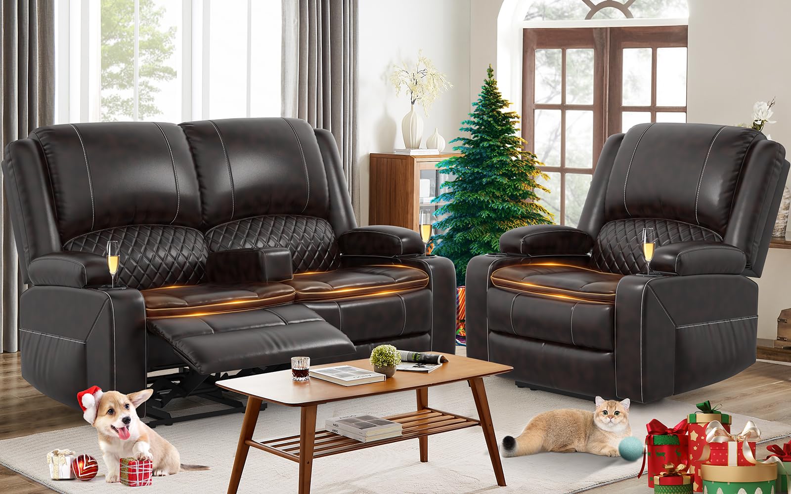 Loveseat Recliner Sofa Set with 2-Tier Cushion, 2+1+1 Pieces in Living Room, 2 Seater Reclining Loveseat Leather with Removable Console, 2 Oversize Recliner Chair Sofa Seat - Grey