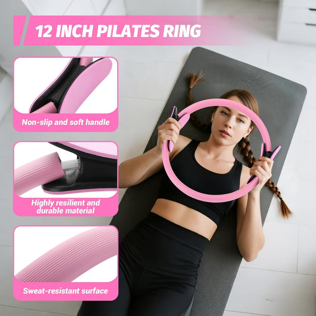 Pilates Ring Kit for Home Workouts, Pilates Equipment Essentials Kit with Magic Circle, Yoga Ring, Resistance Band, Ball, Accessories, Pilates Sets for Women as Fitness Gift (Pink)