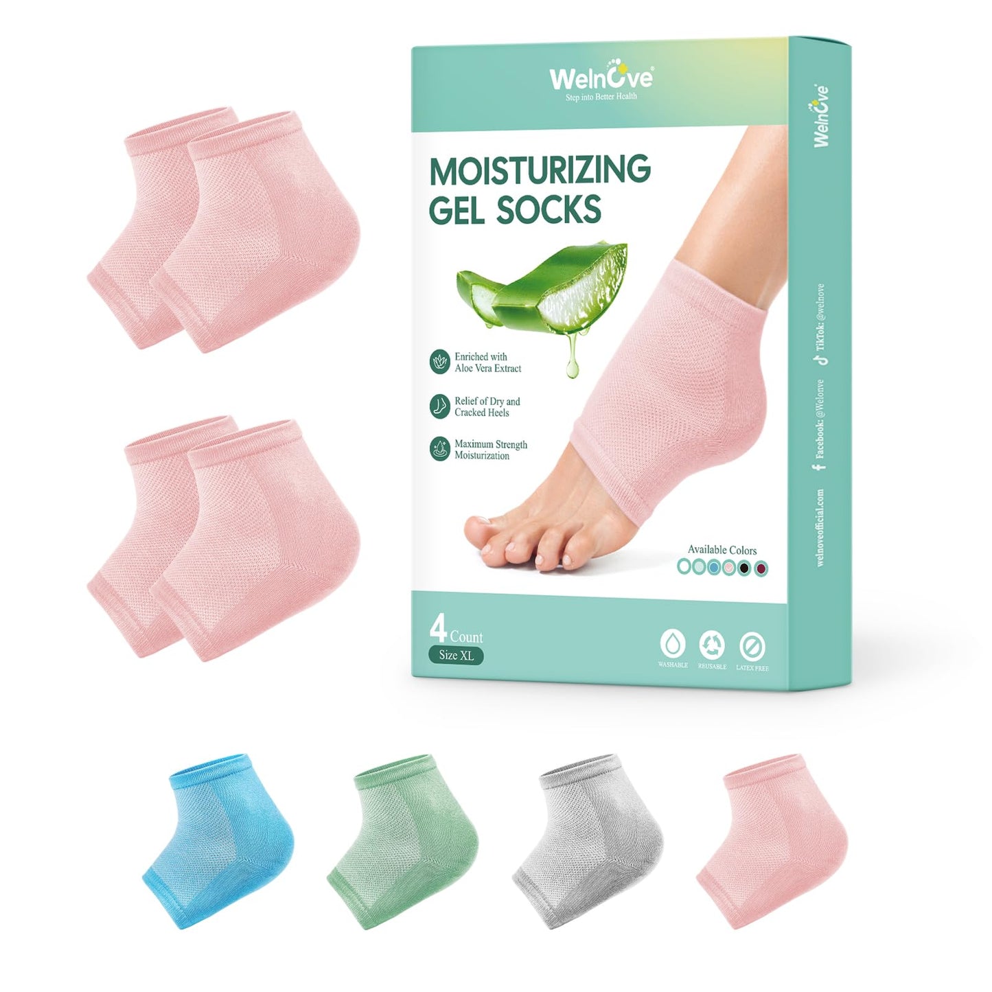 Welnove Moisturizing Heel Socks - 2 Pairs Aloe Vera Extract Infused Gel Lining for Dry Feet - Cracked Heel Repair Treatment - Cotton Socks for Women Men Foot Care (Regular Sizes)