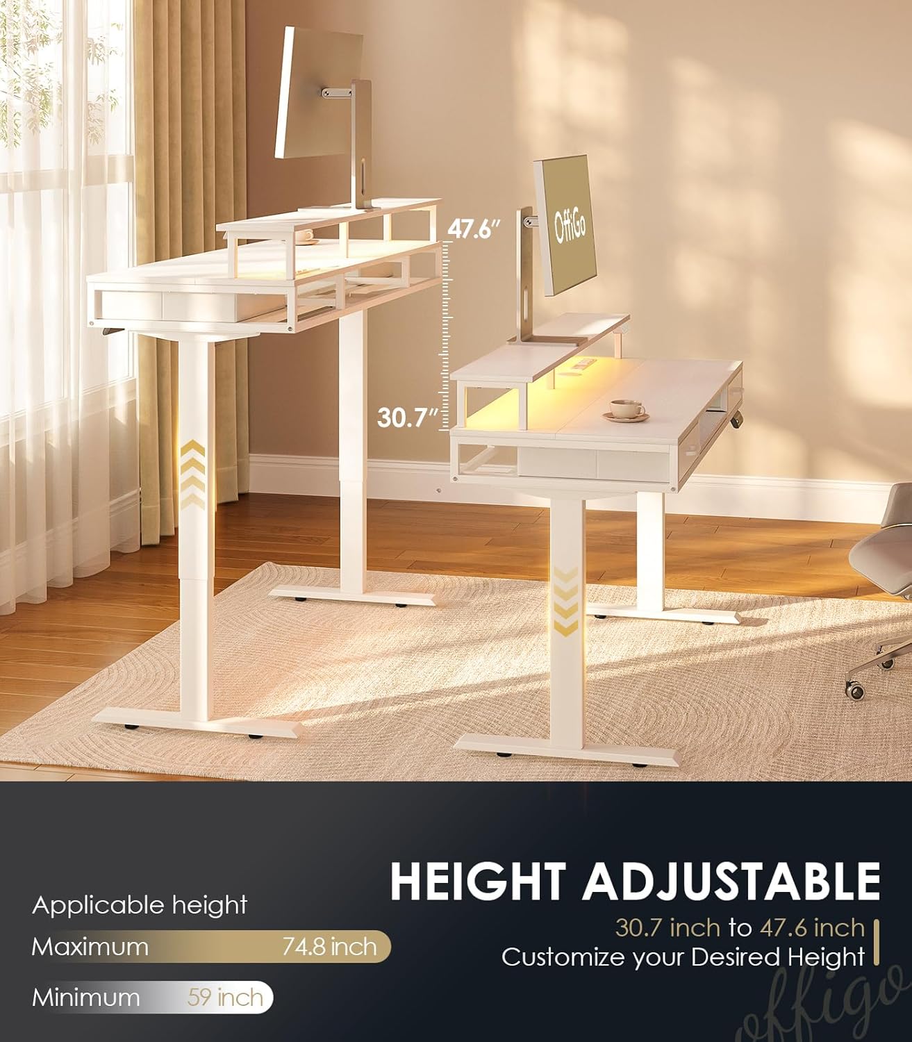 Electric Standing Desk with Drawers & Keyboard Tray, 55 Inch Height Adjustable Desk with Power Outlets & LED Lights, Sit Stand Table with Monitor Stand for Home, Office, White
