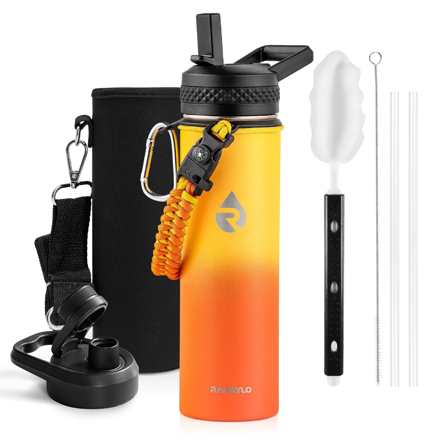 Insulated Water Bottle 64 oz, Triple Wall Vacuum Stainless Steel (Cold for 48 Hrs), Leak Proof & Non-BPA, Half Gallon Water Flask Jug with Paracord Handle & Straw Spout Lids, Magic Black
