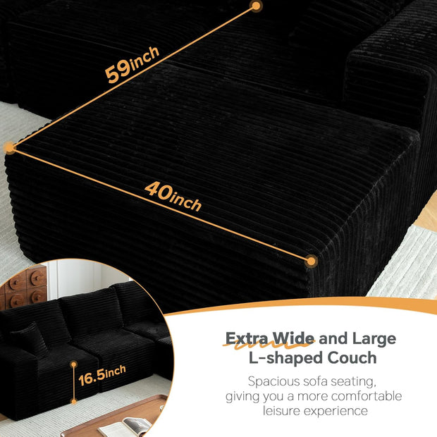 108" Modular Sectional Sofa Cloud Couch with Deep Seats, L Shape Memory Foam Couch with Chaise and Movable Ottoman, Sectional Couches for Living Room, Comfy Boneless Sofa No Assembly, Black