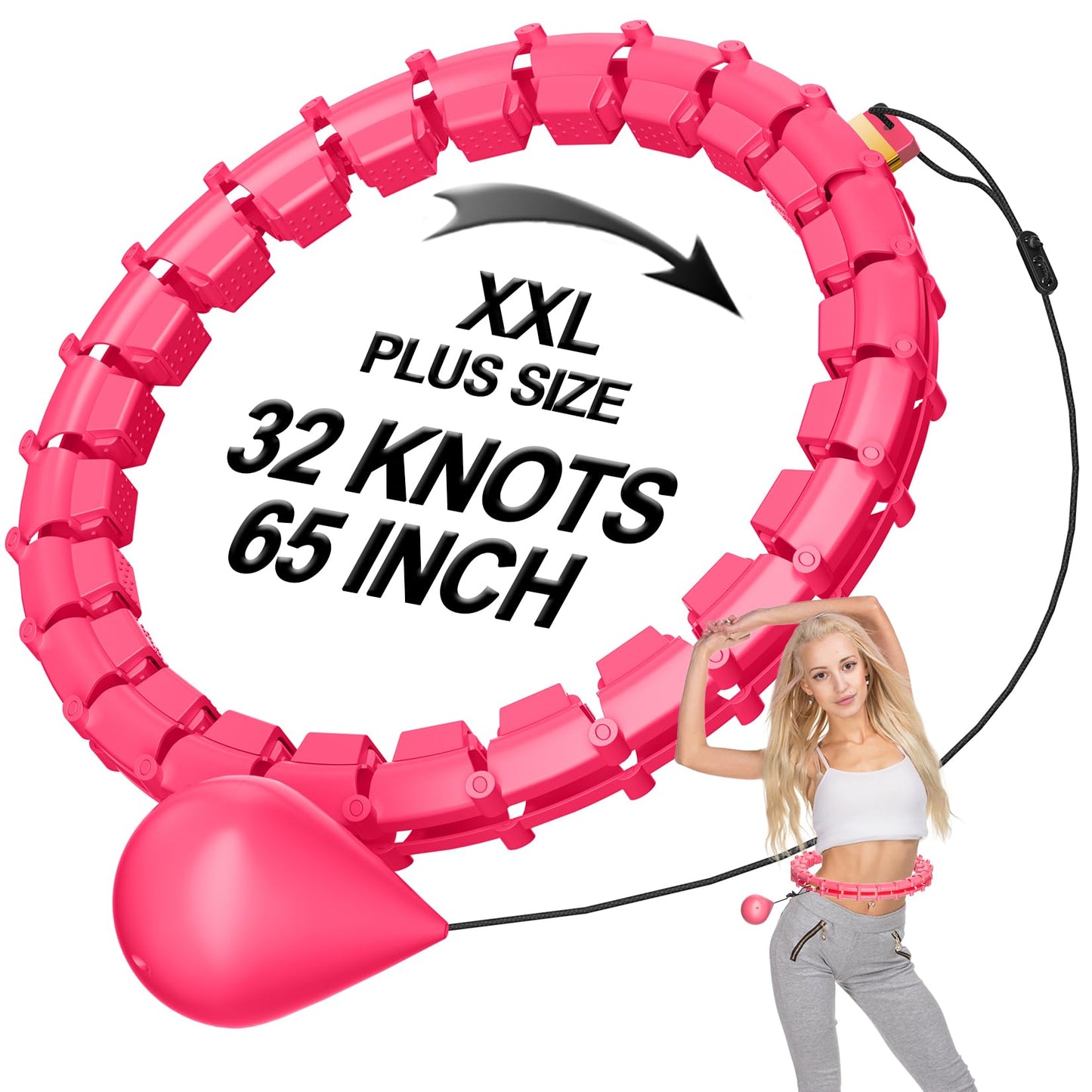 Plus Size Silent Weighted Hula Infinity Fitness Detachable Hoops 65-Inch 32 Knot, Smart Noiseless Infinity Hula for Women, 2-in-1 Waist and Abdominal Home Workout Equipment