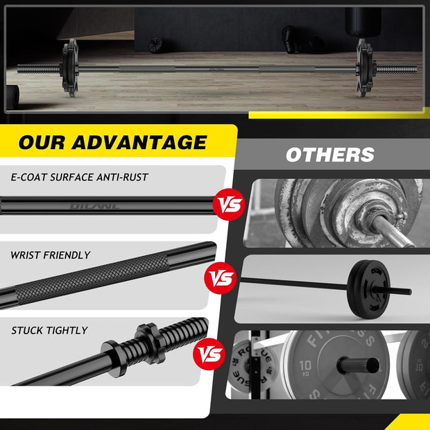 Weight Lifting Bar 57", 1" Standard Straight Barbell Bars Olympic for Home Gym Weight lifting/Strength Training/Squat/Bench Press/Deadlift/Lunges/Hip Thrusts, 2 Star Collars (480lb Weight Capacity)