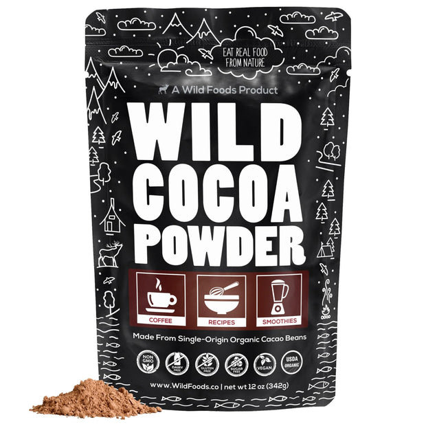 Wild Foods Organic Cocoa Powder | Single Origin Unsweetened Keto Chocolate Powder for Cooking & Baking | 100% Natural Cacao Beans | Sugar Free Non Dutch Raw Superfood | 12 oz