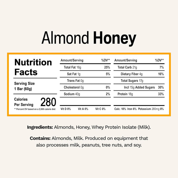 Rise Breakfast Whey Protein Bars Almond Honey, 18g Protein, 2.01 oz (12 Pack)