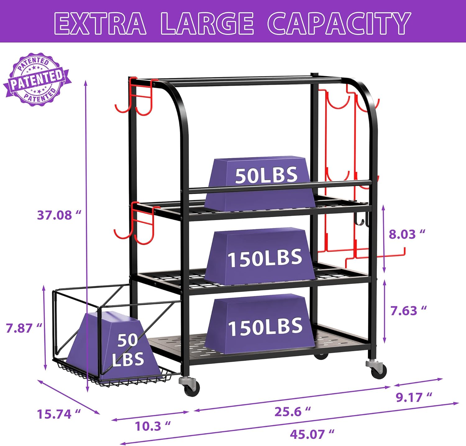 Dumbbell Rack, Weight Rack for Home Gym, 400LBS Metal Home Gym Storage with Lockable Wheels & 4 Adjustable Hooks, Weight Stand for Yoga Mat Storage, Dumbbells, Kettlebell, Foam Roller