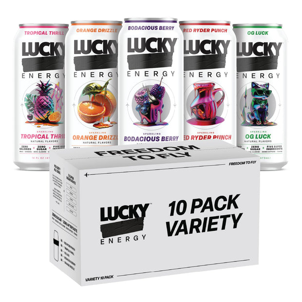 Lucky Energy Sugar Free Energy Drinks 16 Fl Oz Cans (Pack of 10) Healthy Energy Drink Variety Pack with Maca, Ginseng, Taurine, Beta-Alanine, 200mg Caffeine (Packaging may vary).