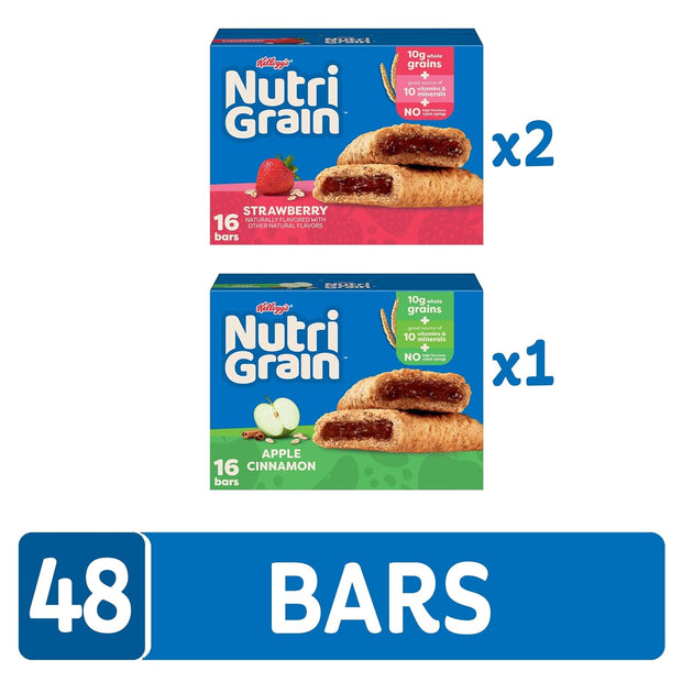 Nutri-Grain Breakfast Bars, Made with 10g Whole Grains, Snack Bars, Variety Pack (3 Boxes, 48 Count)