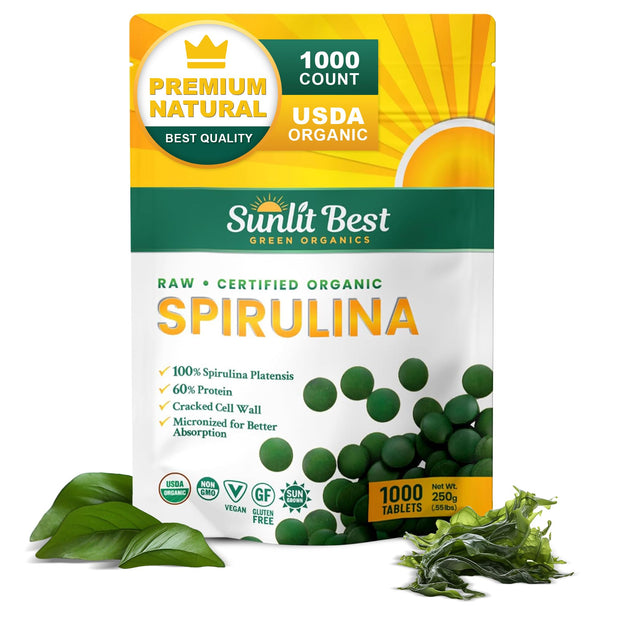Sunlit Best Spirulina Powder Organic USDA - Chlorophyll, Fast Absorption, Blue-Green Spirulina Algae, Raw Vegan Protein - Non-GMO, Gluten Free Superfood Energy, Gut, Immune Support Supplement - 8 Oz