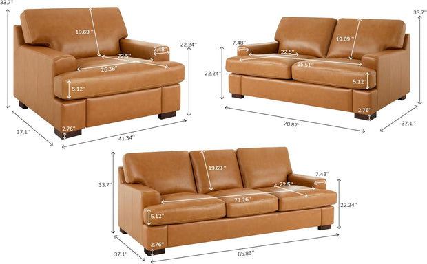 Naomi Home Siggy Genuine Leather Sofa - Set of 3 Luxurious Comfort, Goose Feather Cushion Filling, Square Arm Design, Sturdy Block Legs, Elegant Tan - Ideal for Living Room, Office, or Bedroom