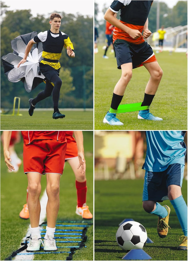 Speed Agility Training Equipment Set - 20ft Agility Ladder, 10 Disc Cones, Resistance Parachute, 5 Resistance Bands & Carry Bag | Football Soccer Basketball Fitness Drills for Kids Adults