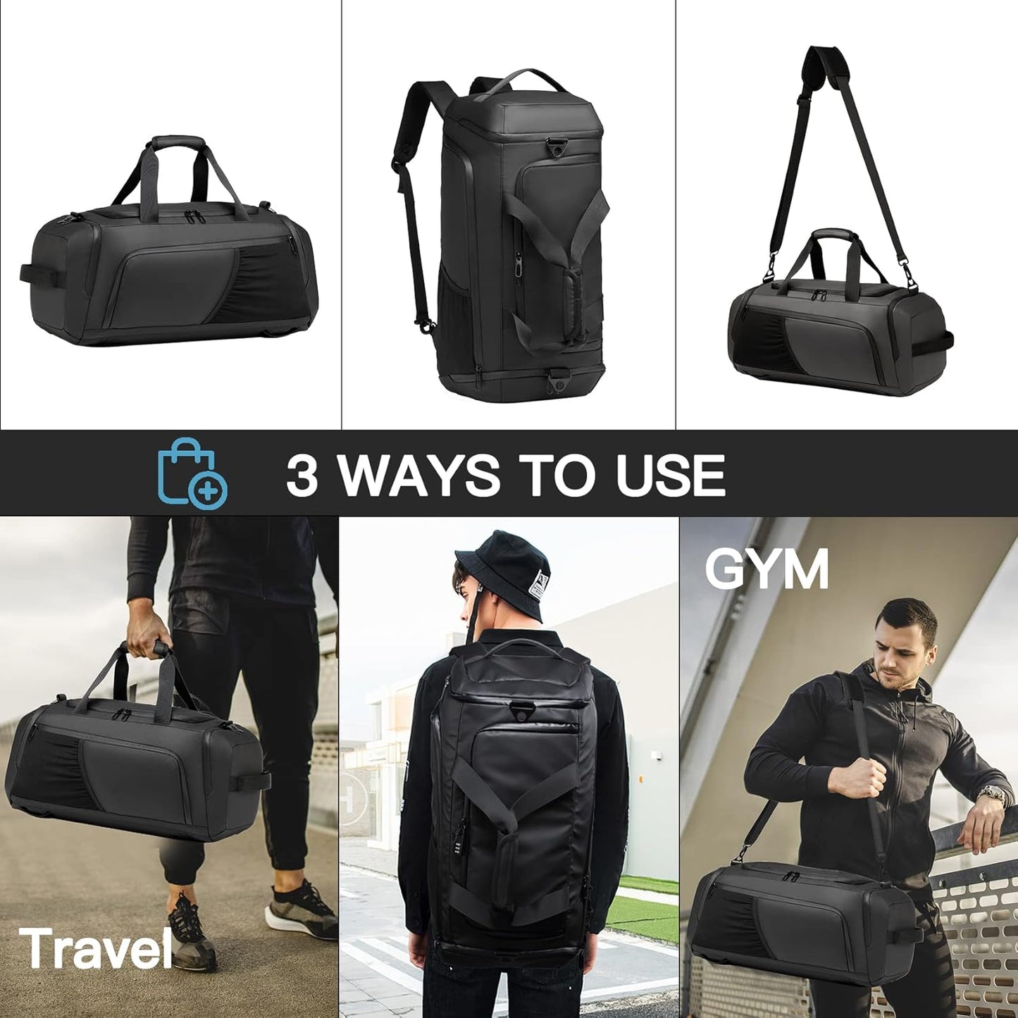 Gym bag for Men with Shoes Compartment - 40L Duffle Bag for Travel with Wet Pocket,3 in 1 Waterproof Sports Bags and Gym Backpack with Water Bottle Holder