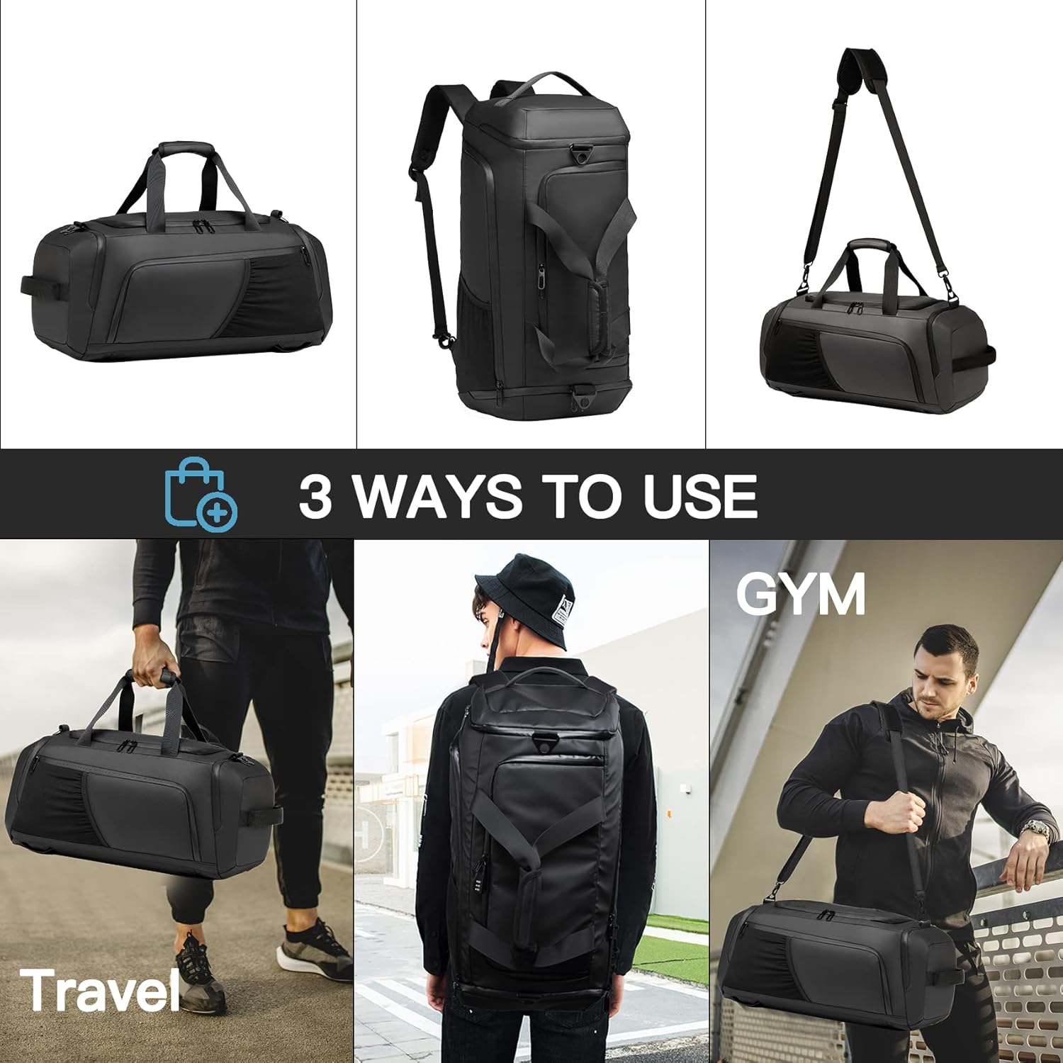 Gym bag for Men with Shoes Compartment - 40L Duffle Bag for Travel with Wet Pocket,3 in 1 Waterproof Sports Bags and Gym Backpack with Water Bottle Holder