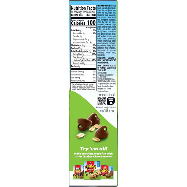 Quaker Chewy Granola Bars, Reduced Sugar Chocolate Chip, 18 Pack