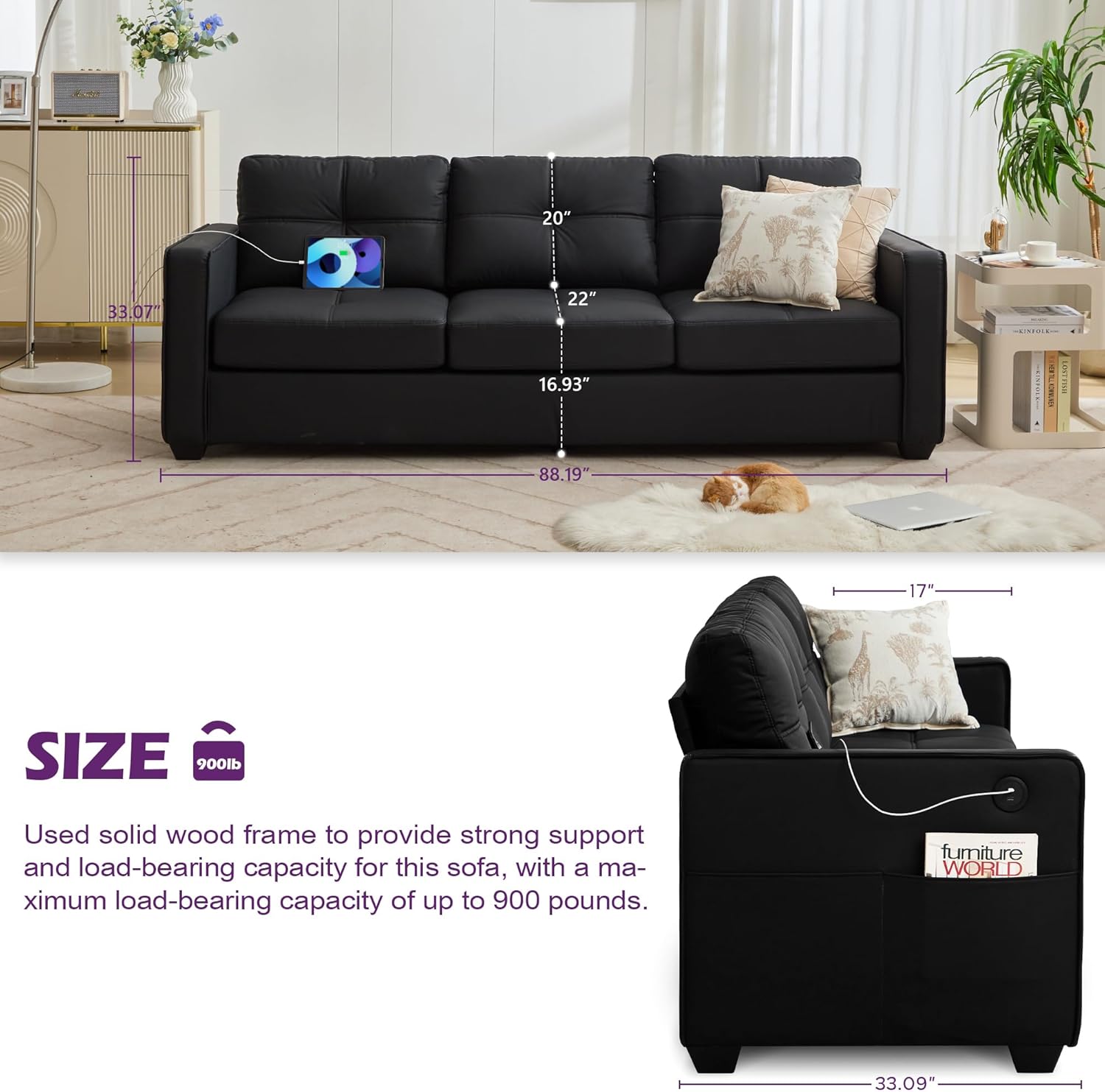 TYBOATLE 88" W Black Faux Leather Sofa Couches for Living Room, Mid-Century Modern Tufted Comfy Small Loveseat w/USB and Wide Arms, 3 Seater Office Cloud Couch for Small Space Apartment Bedroom