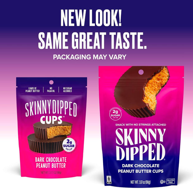 SkinnyDipped Dark Chocolate Peanut Butter Cups, 2g Sugar per Cup, Keto Friendly, No Stevia, Gluten Free, 3.2oz, 1 Pack (6 Cups Total)