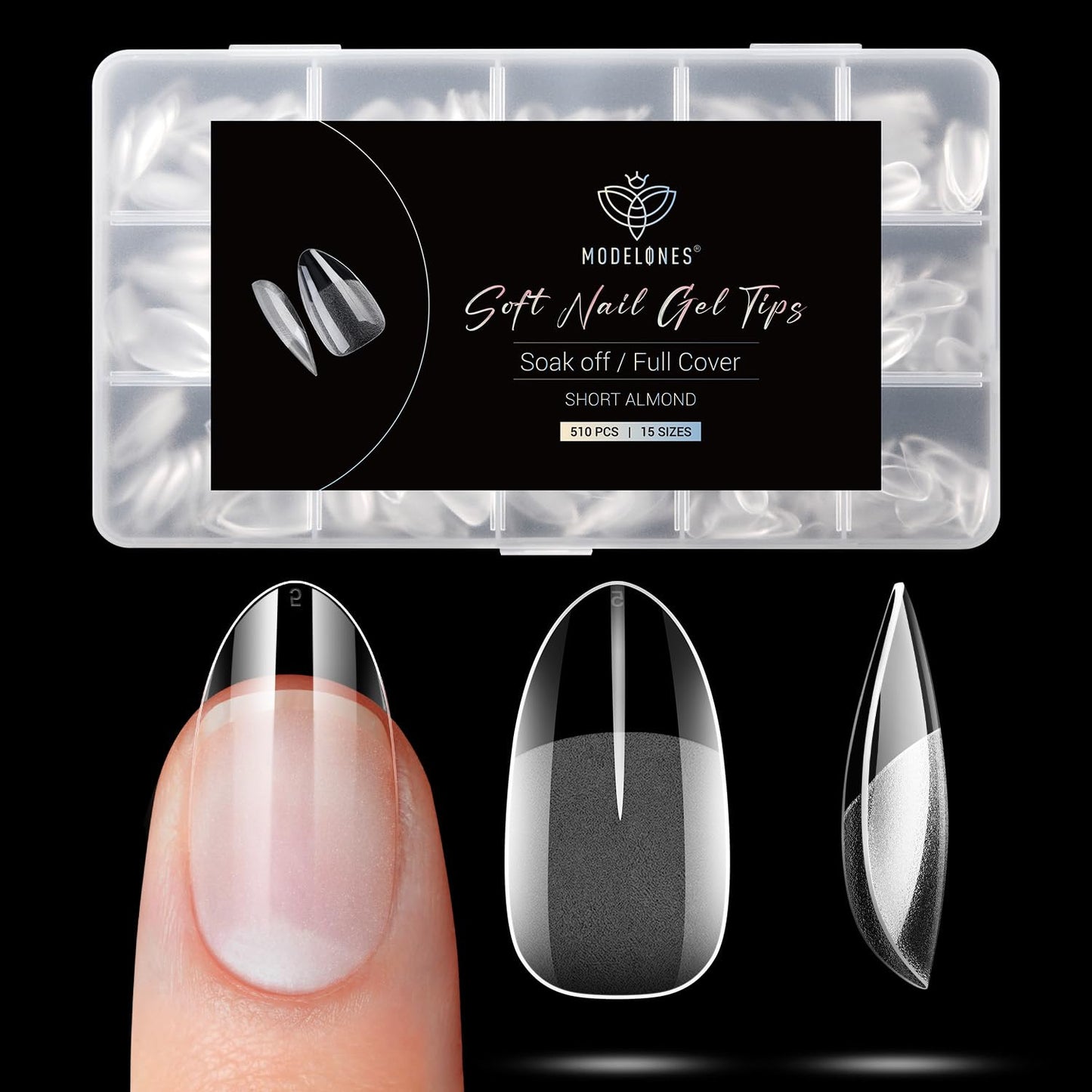 Modelones Medium Almond Nail Tips 510Pcs Clear False Acrylic Almond Press on Nails Pre-shape Full Cover Fake Extension DIY at Home 15 Sizes