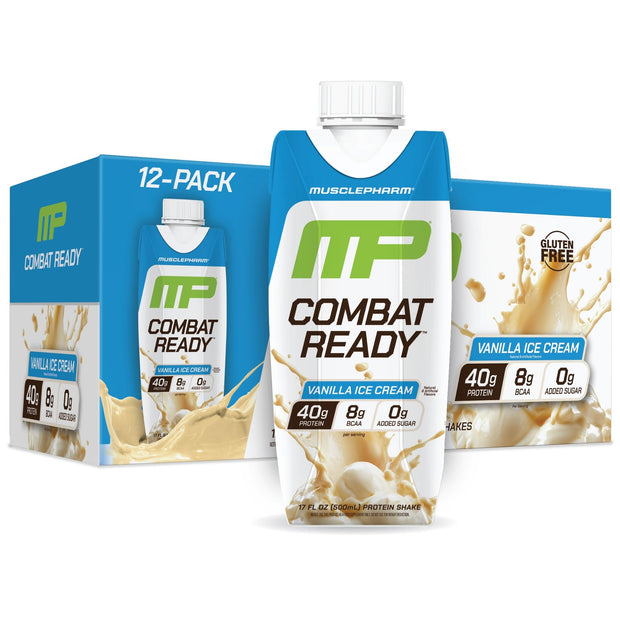 MusclePharm Combat Ready High Protein Shakes Ready to Drink, 40g Protein, 8g BCAAs, 8.7g Glutamine, 5g Fiber, No Added Sugar, Gluten Free, Chocolate Fudge, 17 Fl Oz (Pack of 12)