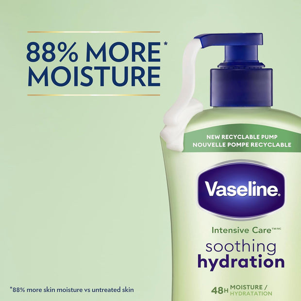 Vaseline Intensive Care Body Lotion for Dry Skin Soothing Hydration Lotion Made with Ultra-Hydrating Lipids + 1% Aloe Vera Extract to Refresh Dehydrated Skin 20.3 oz, Pack of 3 (packaging May Vary)