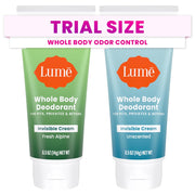 Lume Whole Body Deodorant - Mini Travel Size Invisible Cream Tube - Trial Size - 72 Hour Odor Control - Doctor Developed - Aluminum and Baking Soda Free - .5oz (Pack of 2) (Fresh Alpine & Unscented)