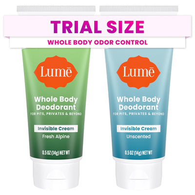 Lume Whole Body Deodorant - Mini Travel Size Invisible Cream Tube - Trial Size - 72 Hour Odor Control - Doctor Developed - Aluminum and Baking Soda Free - .5oz (Pack of 2) (Fresh Alpine & Unscented)