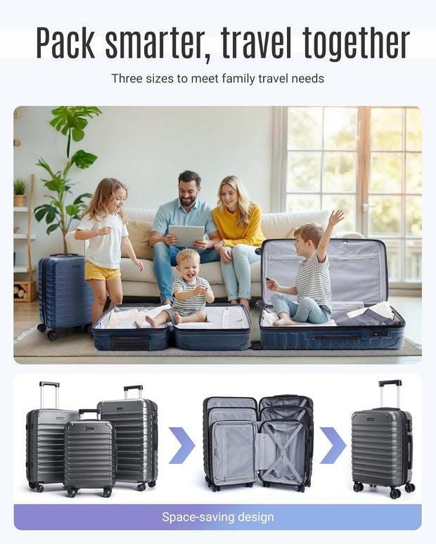 LIGHT FLIGHT Luggage Sets, 3 Piece Durable Suitcase Set with Spinner Wheels, 3 Pcs Hardside Lightweight luggage with TSA Lock, Large Checked Travel Suitcases, 20/24/28 Inch, Gray