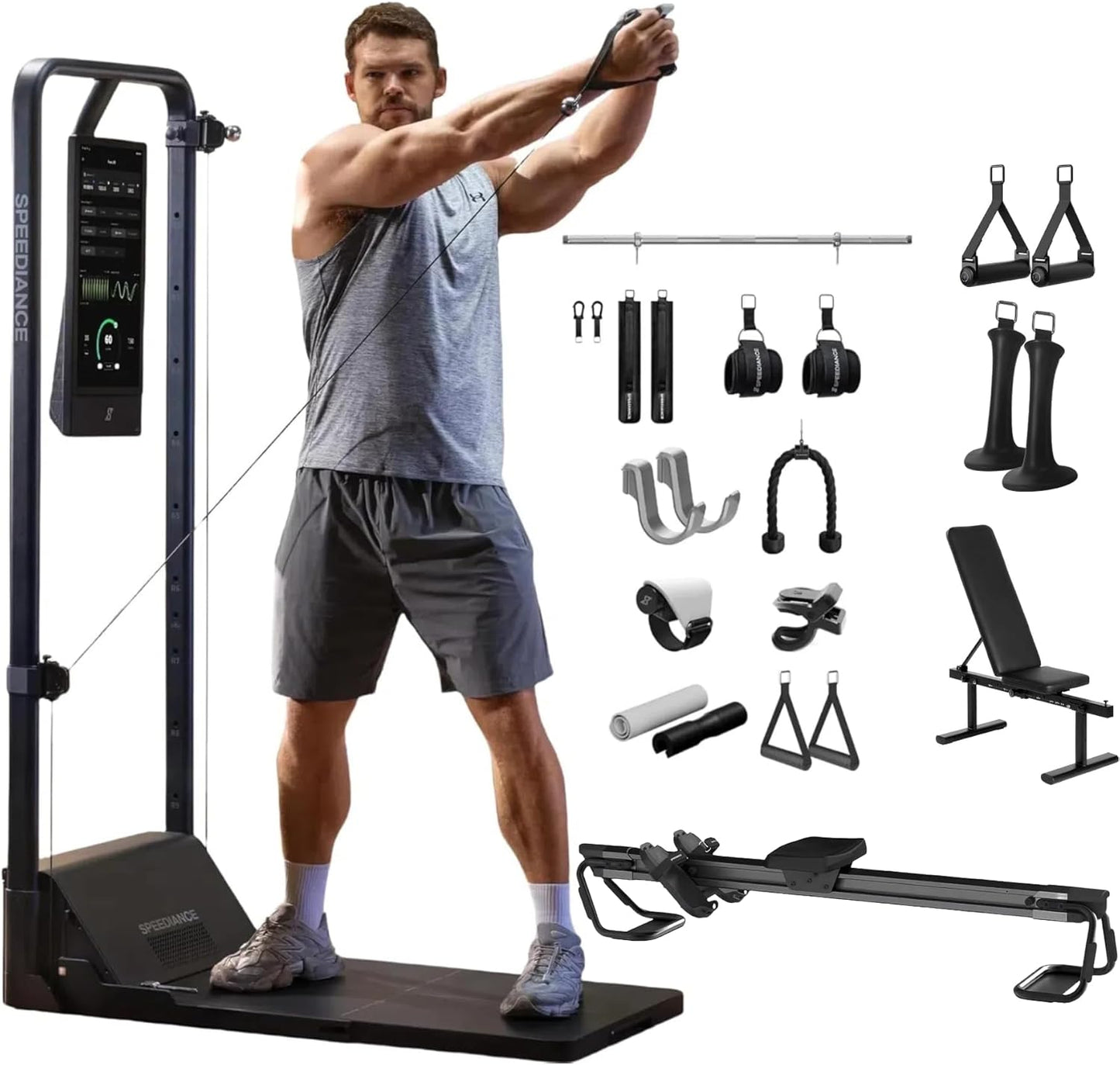 Gym Monster 2 & AeroRow Rowing Bench & Adjustable Weight Bench & Smart PowerGrip Handles & Skiing Handles Bundle