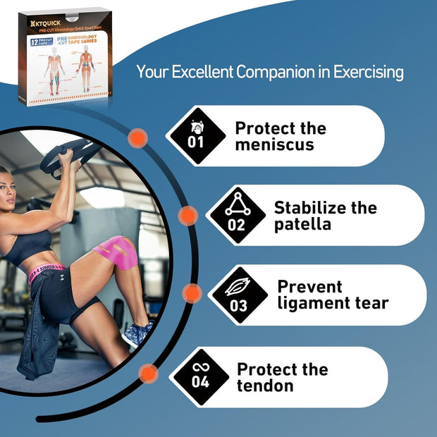 PreCut Kinesiology Tape for Knees, 12PCS Upgraded Waterproof KTQUICK Knee Tape for Knee Pain Relief Pre Cut, Original Cotton Athletic Knee Tape, Waterproof&Hypoallergenic Latex-Free for Sports (Black)