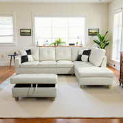 Sectional Couch 103.5" L Shaped Couch Comfy Futon Bed Upholstered Faux Leather 3 Pieces Living Room Furniture Sets with Ottoman and High Density Sponges for Living Room, White